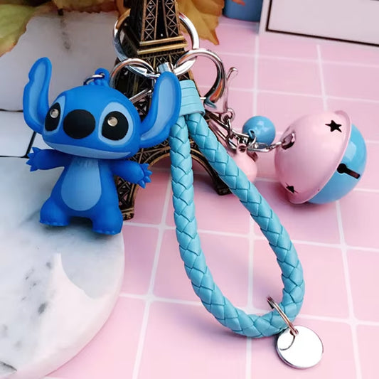 Cartoon Lilo and Stitch Keychains LED Stitch Doll Key Ring Sound Flash Rope Bell Backpack Pandent Gifts