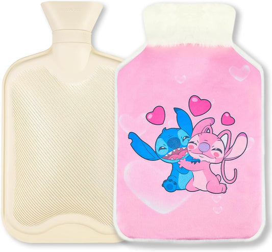 2L Stitch Hot Water Bottle with Fluffy Cover,Washable and Removeable Hot Hands Hand Warmers,Hand,Stomach Neck Back Pain Relief Hot Water Bottle for Children'S,Men,Women and Seniors (Pink)